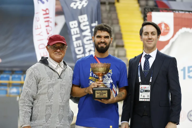 Márcio Ely Rabelo Pereira Júnior of Brazil, winner of the BEST GOAL KEEPER award of the Football Skating World Cup 2024, holding the trophy