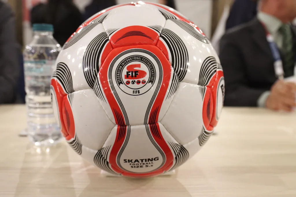 The official size 5.5 Football Skating competition ball at the FIFS World Congress