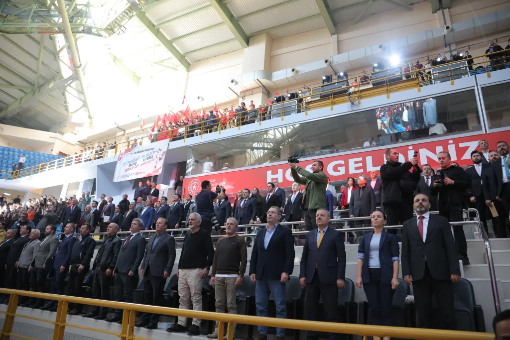 Officials and institutional guests standing for the opening programme of the Football Skating World Cup 2024