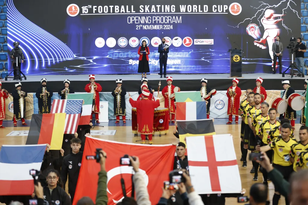 National flags carried onto the stage during the World Cup opening ceremony