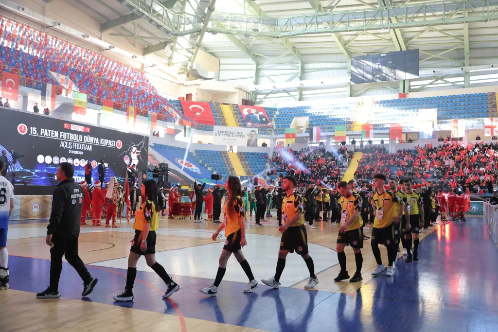 National teams entering the arena during the opening ceremony of the Football Skating World Cup 2024