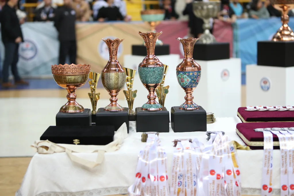 The trophies and medals of the Football Skating World Cup 2024 prepared for the award ceremony