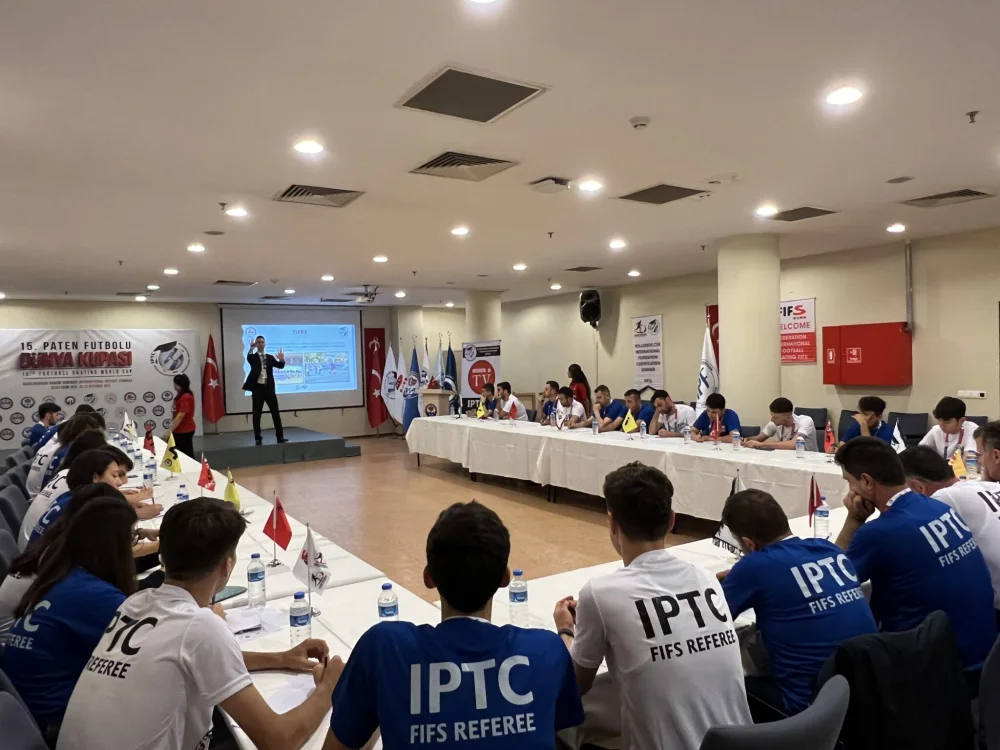 International FIFS and IPTC referee certification seminar during the 15th Football Skating World Cup, with participants in IPTC FIFS Referee shirts