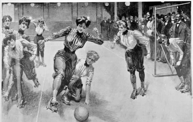 Historical illustration of women playing football on roller skates in England, from the early documented history of Football Skating