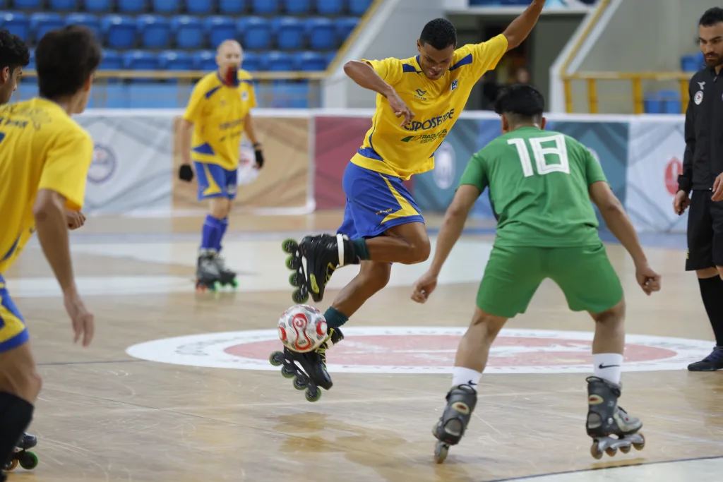Brazil competing against another national team during a Football Skating World Cup match