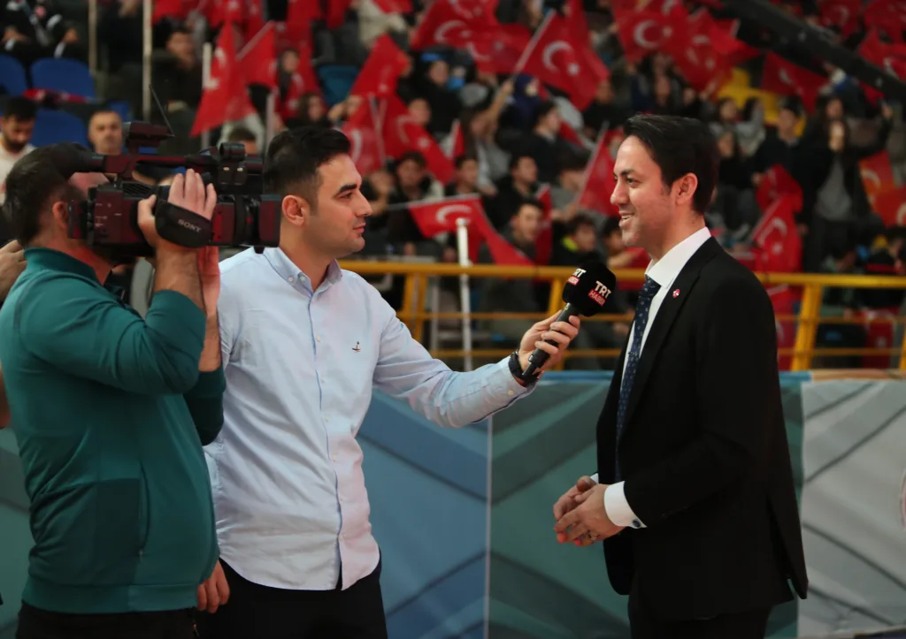 The FIFS President giving a television interview inside the arena during the Football Skating World Cup 2024